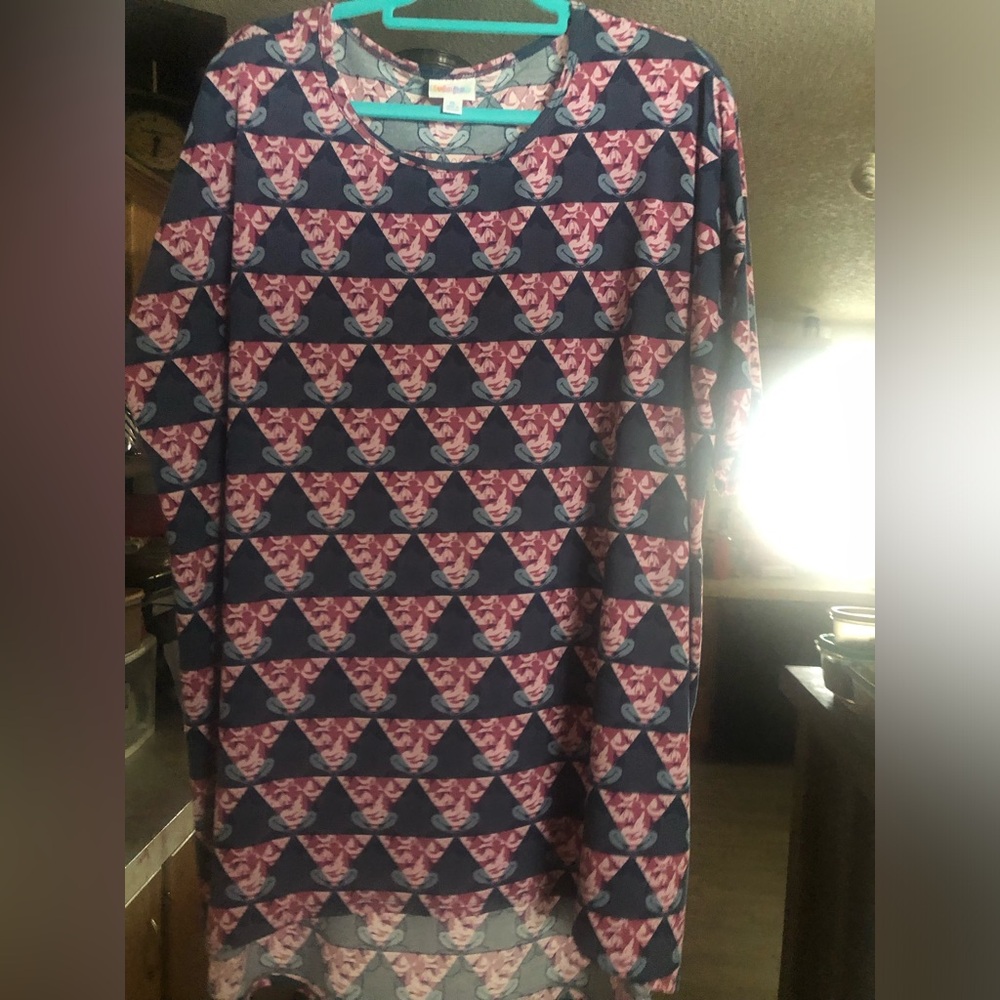 LuLaRoe Irma Disney Teal and Pink Geometric Top XL